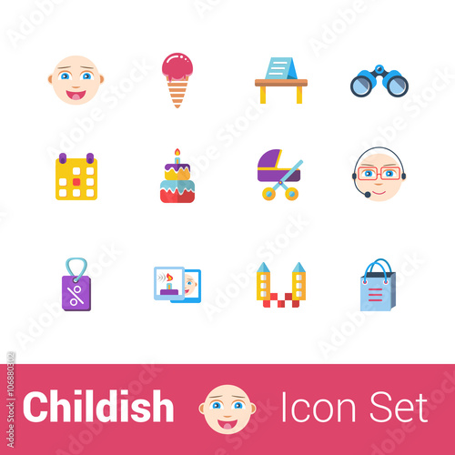 Childish flat color icon set of 12 icons.