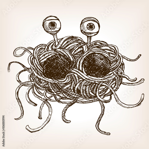 Flying spaghetti monster hand drawn sketch vector