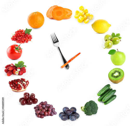 Food clock with fruits and vegetables