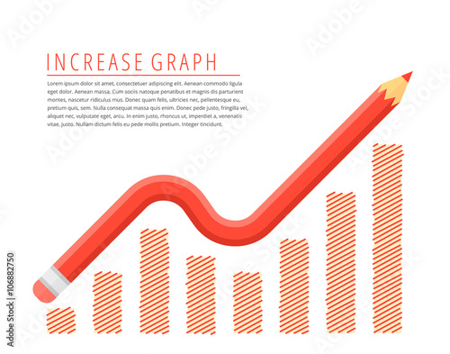 Flat infographic growth business concept. Red pencil as a increase graph arrow with growth hand drawn column chart. Infographics vector elements for web, publish, social networks.