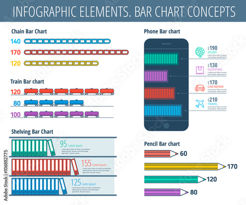 Infographic elements. Bar chart set. Infographic vector flat line design template, icons, symbols. Business and office infographic, school and education infographic, phone and industry infographic.