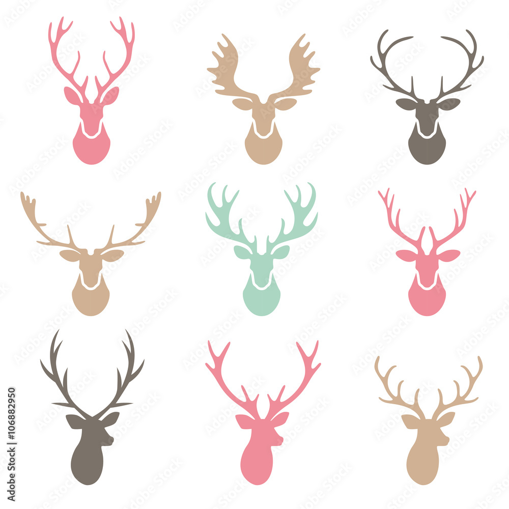 Fototapeta premium Set of a deer head silhouette on white background.