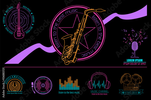 Musical instruments logos and badges. Graphic template