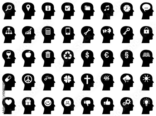 Sammlung/Set: Gesichter von der Seite mit Icons im Gehirn / schwarz-weiß, Vektor, freigestellt