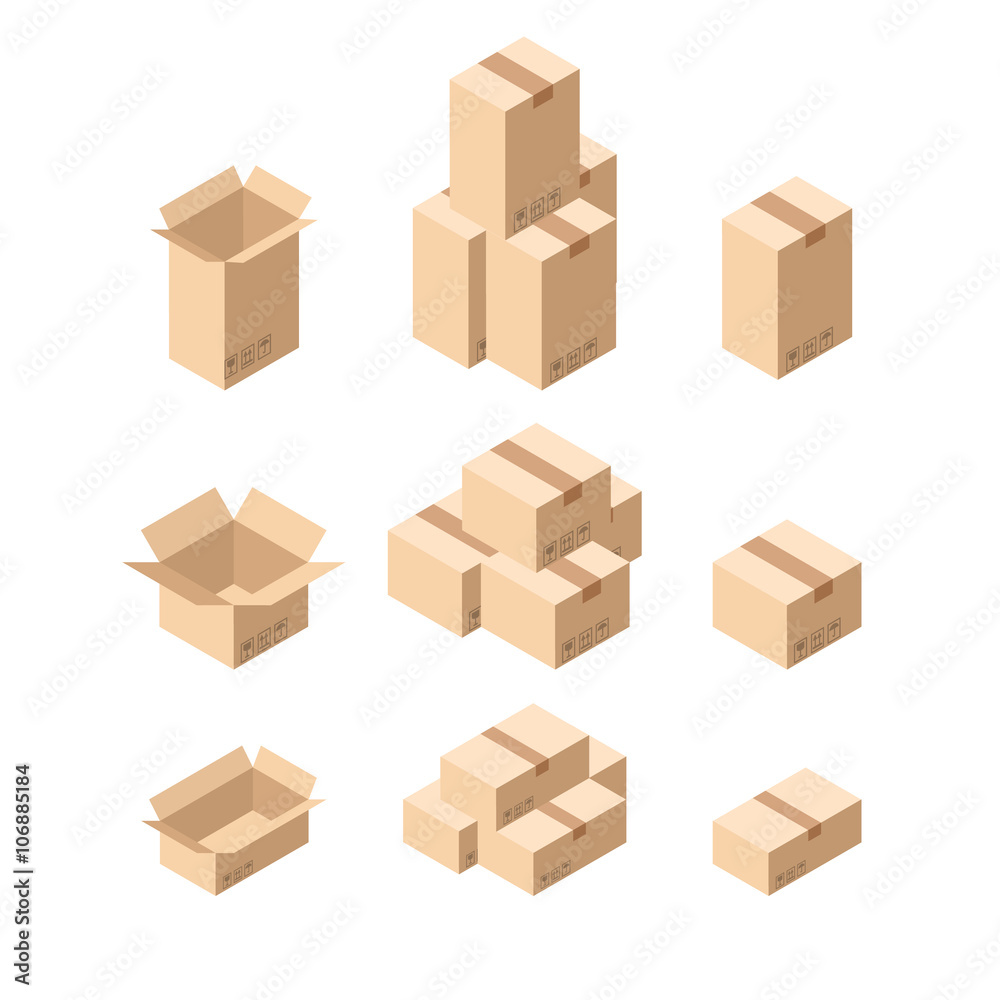Set Of Isometric Cardboard Boxes Isolated on White. Layered EPS10 file. Set Of Isometric Cardboard Boxes Isolated on White. Layered EPS10 file.