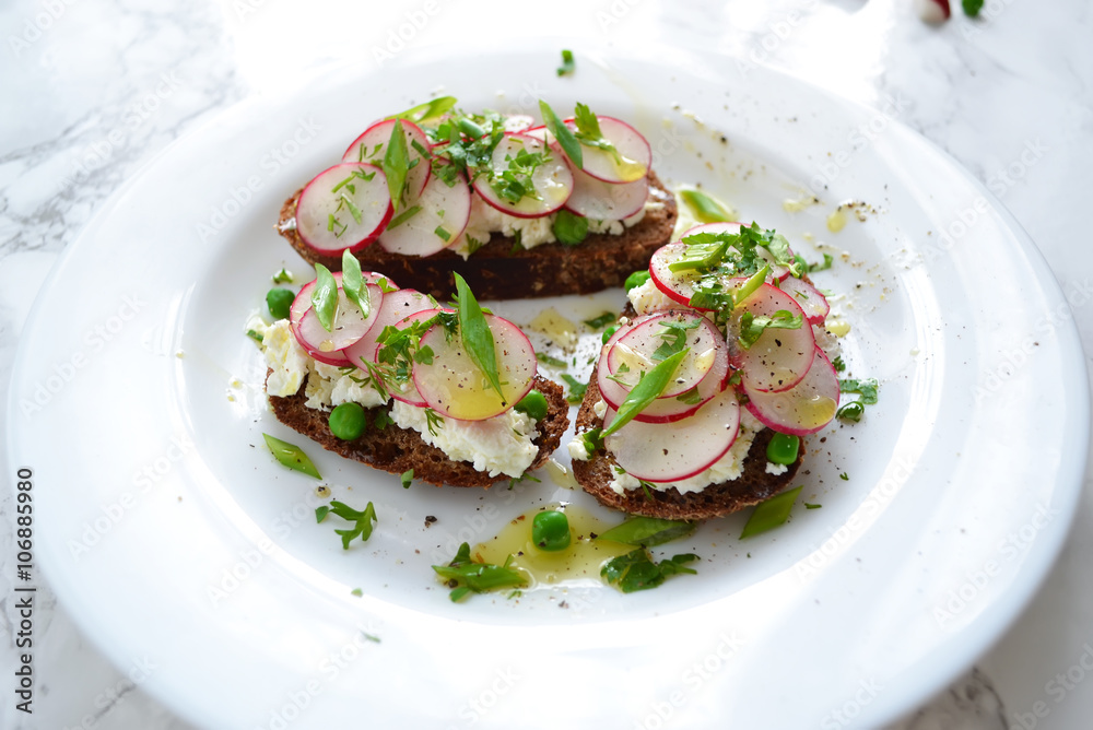 toast with ricotta, radish and green peas toast with ricotta, radish and green peas