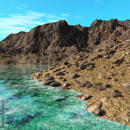 Golden beach, seascape, rocky beach, 3D rendering.