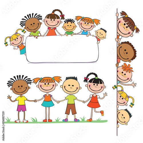 illustration of kids peeping behind placard