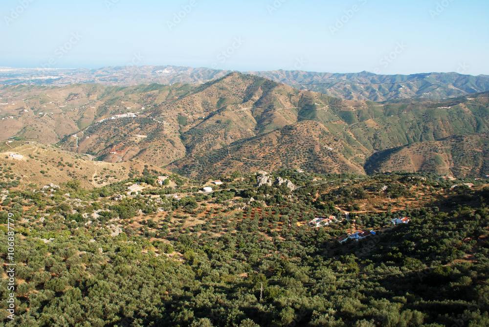 View over the Montanas de Malaga mountains towards the coast, Spain.