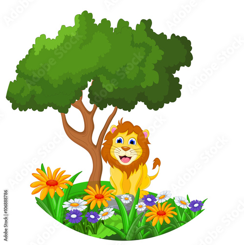 lion cartoon sitting in the jungle