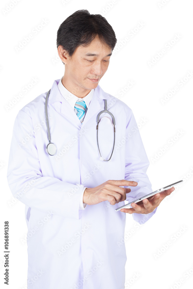 Doctor wearing white coat and watching patient data in Tablet . Doctor wearing white coat and watching patient data in Tablet .
