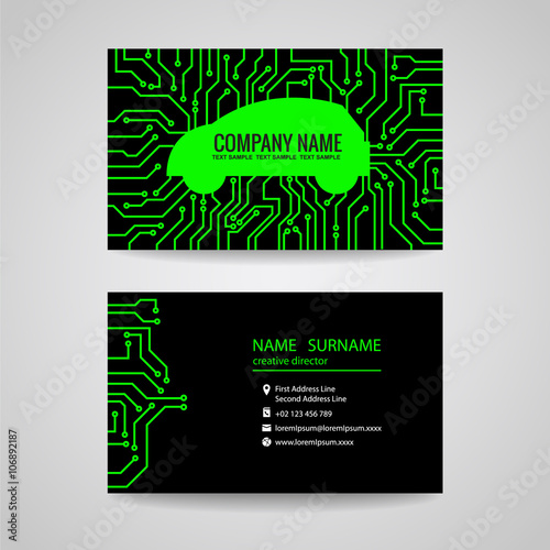 Business card - Green car and Electronic Printed circuit board on black background