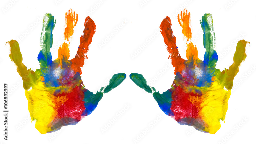 Hands Kid painted, stamped on paper, isolated on white Hands Kid painted, stamped on paper, isolated on white