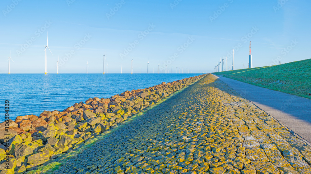 Obraz premium Wind turbines along a dike at sunrise