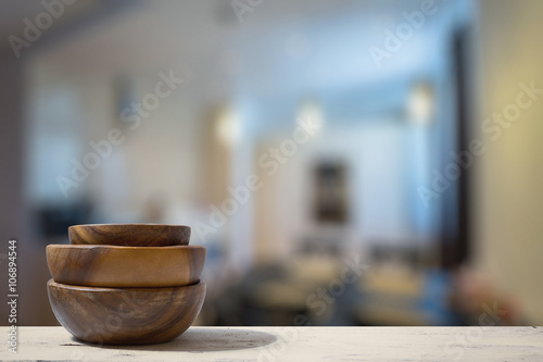 Fototapeta Naklejka Na Ścianę i Meble -  stack of empty wooden bowls on table