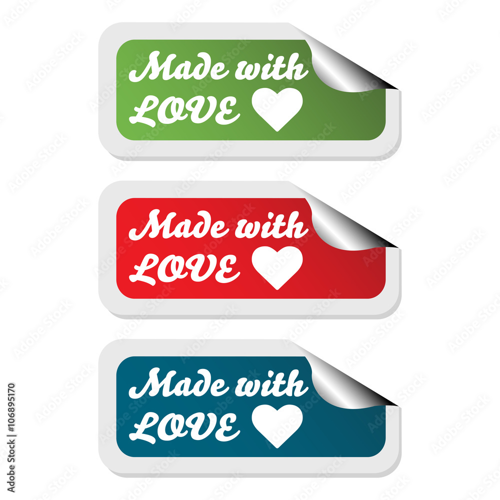 Set of three stickers with the text made with love isolated on a white background Set of three stickers with the text made with love isolated on a white background