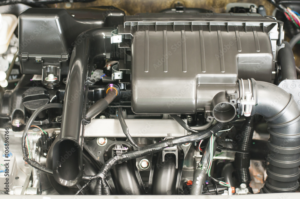 Close up detail of new car engine Close up detail of new car engine