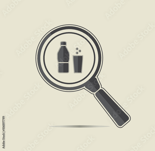 Mineral water under a magnifiyng glass.  Conceptual Research icon. 