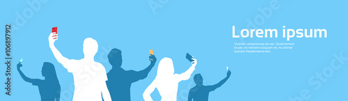 People Group Silhouette Taking Selfie Photo On Cell Smart Phone Banner Copy Space photo