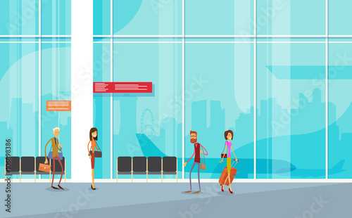 Traveler People Airport Hall Departure Terminal Travel Baggage, Passenger Check In Luggage