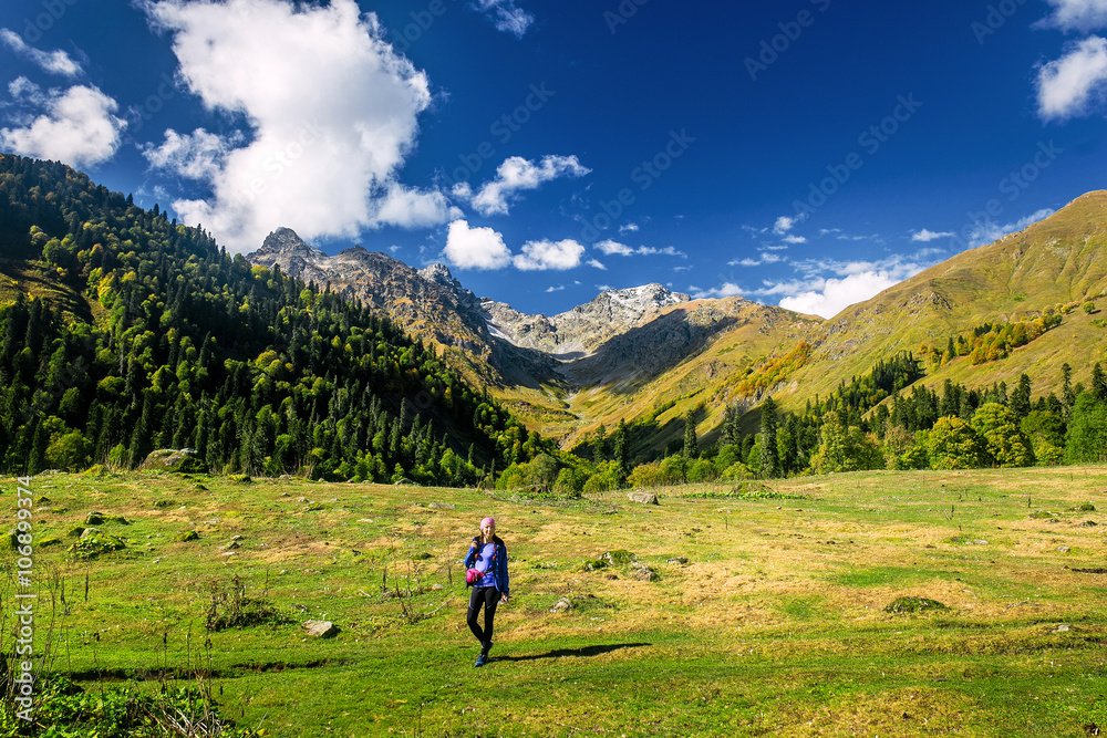 Vivid panorama of the Caucasian mountains in autumn Sunny with o