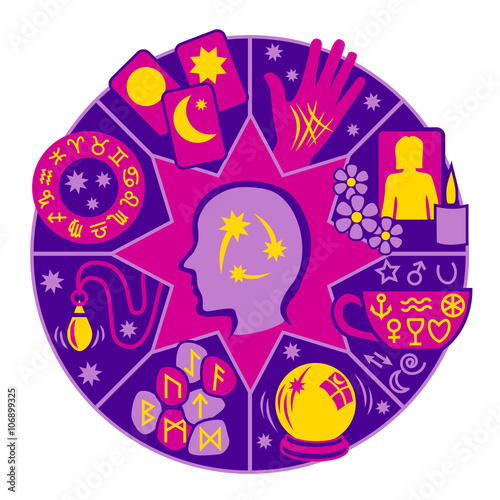 Psychic Circle - 8 types of fortune telling in pink, purple and yellow