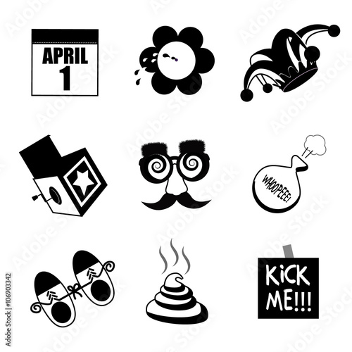 April Fools Day black and white icon collection. EPS 10 vector.