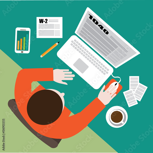 Tax day flat design. Filling out tax forms income tax preparation on the computer. EPS 10 vector.