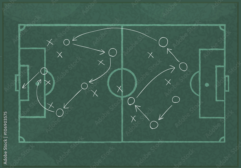 Obraz premium Realistic blackboard drawing a soccer game strategy.