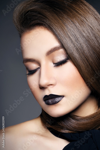 beautiful sexy girl with black lips and perfect hair