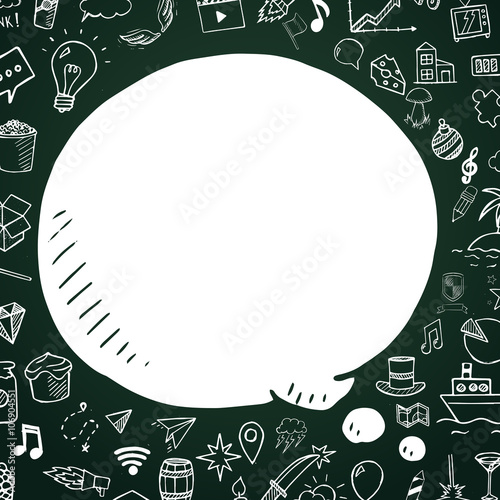 Hand drawn speech bubble on chalkboard. Vector doodle illustartion with objects for design