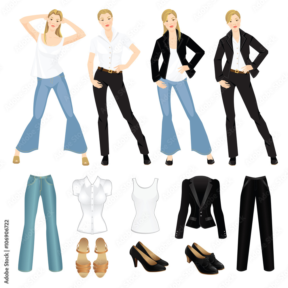 Vector illustration of different look with black suit, blue jeans and white  shirt. Girls in casual and formal style of clothes. Various hairstyle. Base  wardrobe. Stock Vector | Adobe Stock
