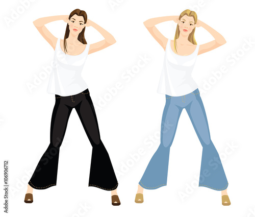 Vector illustration of girls in jeans and white top isolated on white background. Blond girl and brunette girl.