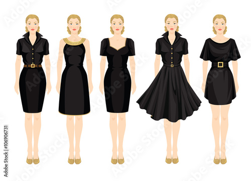 Vector illustration of blonde girls in different models of little black dress