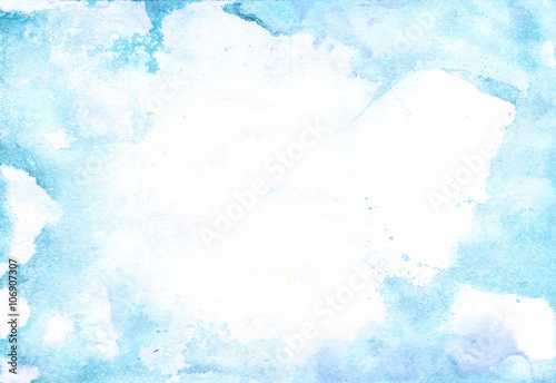 Watercolor light background with natural paper texture. Abstract watercolur blue pattern with blue splashes. Aquarelle painting with white copy space for banner design, greeting card in trendy style. © Design Couple