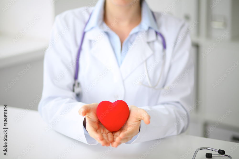 Female doctor with stethoscope holding heart.  Patients couple sitting in the background