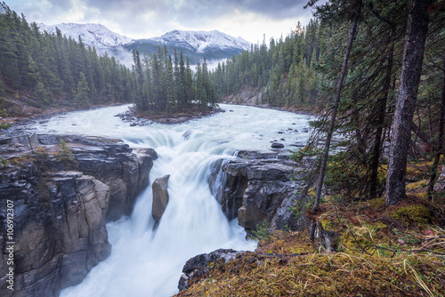 Scenery of high mountain with Sunwapta Falls  Jasper National Park  Alberta  Canada