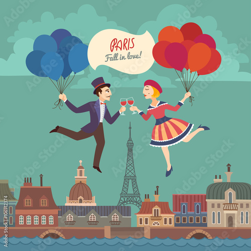 Retro Card with Lovers in Paris