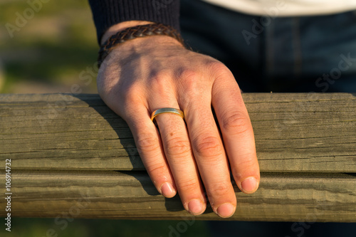 Man's hand with ring on finger