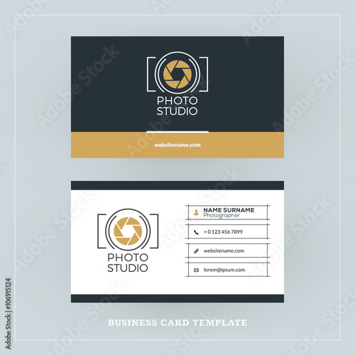 Golden and Black Business Card Design Template. Business Card for Photographer or Graphic Designer. Photo Studio Logotype Template. Vector Illustration. Stationery Design