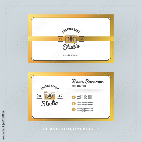 Golden and Black Business Card Design Template. Business Card for Photographer or Graphic Designer. Photo Studio Logotype Template. Vector Illustration. Stationery Design