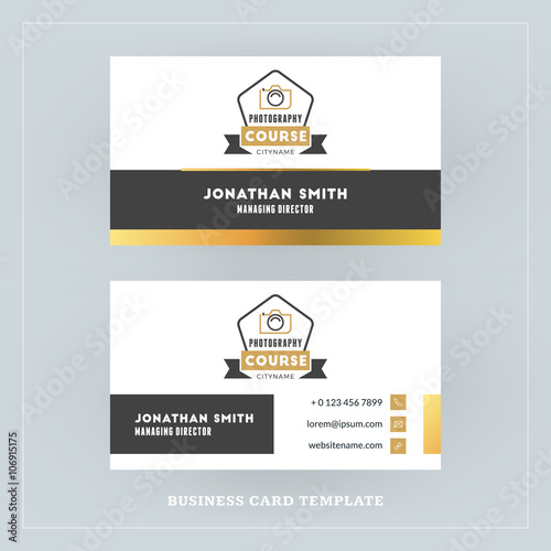 Golden and Black Business Card Design Template. Business Card for Photographer or Graphic Designer. Photo Studio Logotype Template. Vector Illustration. Stationery Design