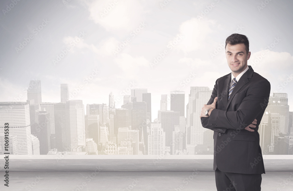 Sales person talking in front of city scape Sales person talking in front of city scape