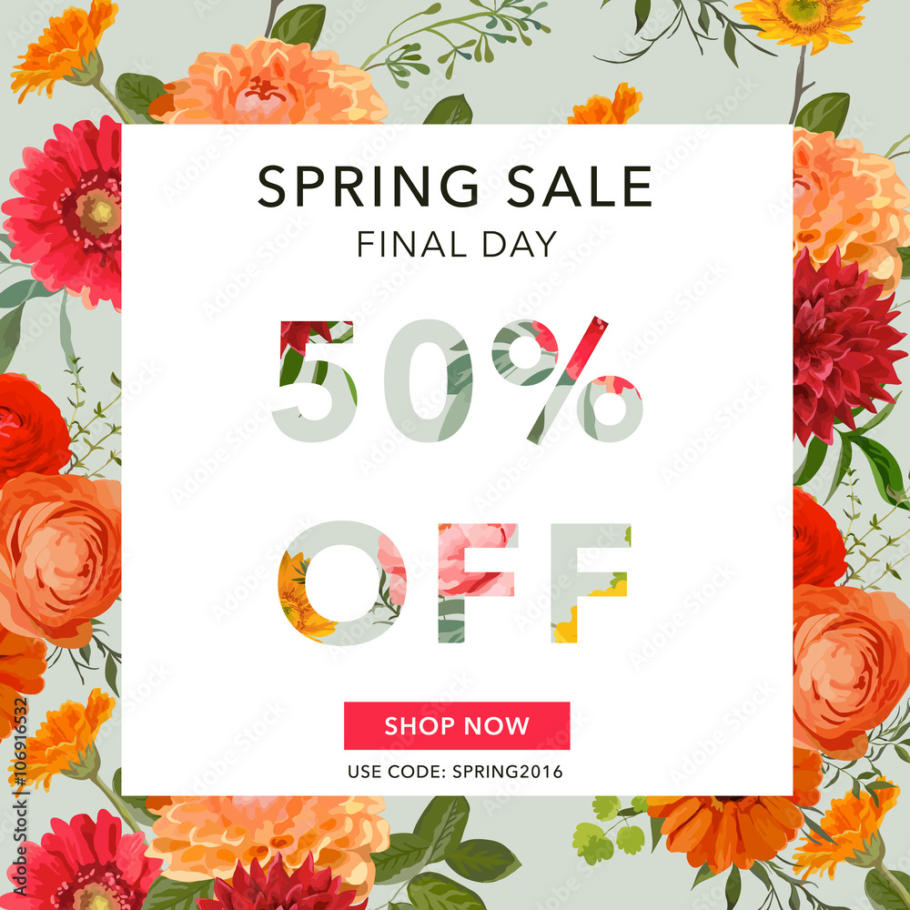 Spring Sale Banner. Sale background. Big sale. Floral Sale Tag. - obrazy, fototapety, plakaty 