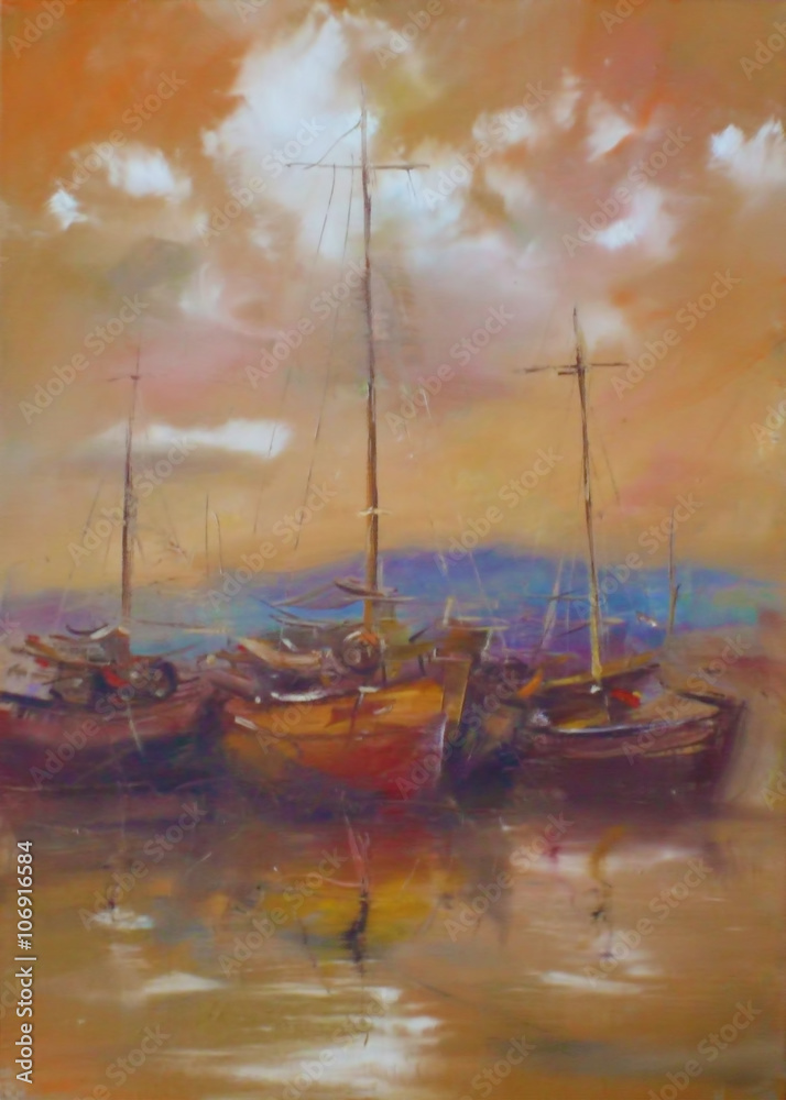 boats moored in the harbor handmade painting