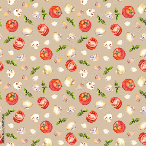 Patterned background with vegetarian vegetables: tomatoes, mushrooms, garlic and basil 