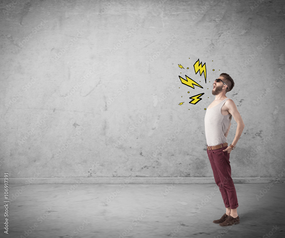Funny hipster in fashion clothing shouting Funny hipster in fashion clothing shouting