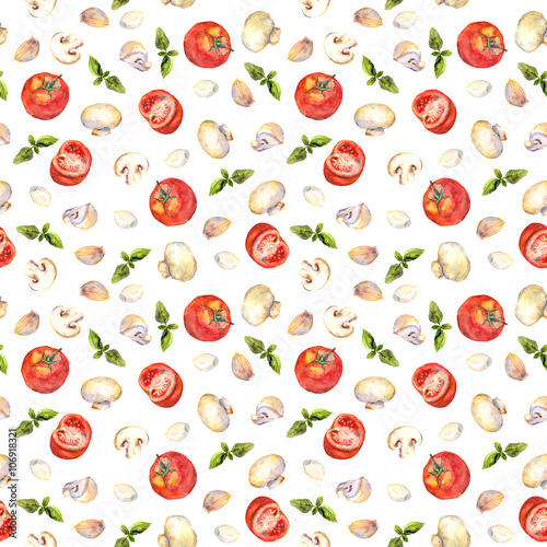 Watercolor painted seamless backdrop with tomatoes, mushrooms, garlic and basil 