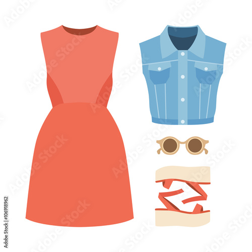 Set of trendy women's clothes with woman denim vest, dress and accessories. Vector illustration