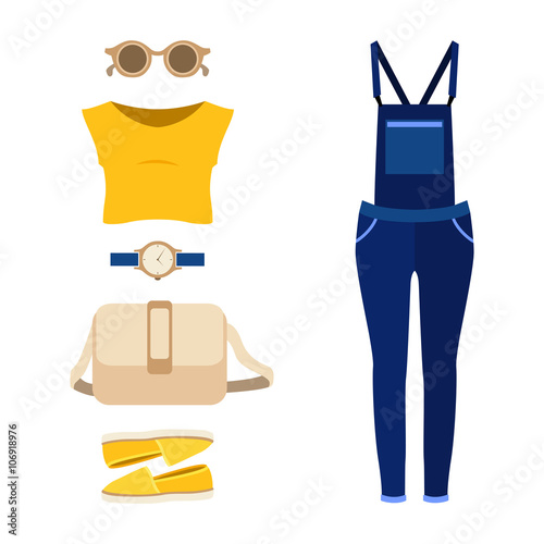 Set of trendy women's clothes with woman denim overall, top and accessories. Vector illustration